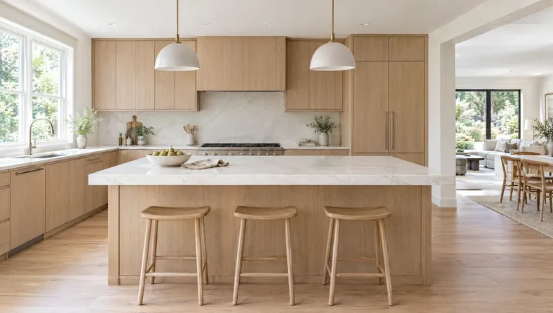 Illustrative Alder & Stone concept image: a light-filled kitchen with oak cabinetry, a stone island, and pendant lighting.