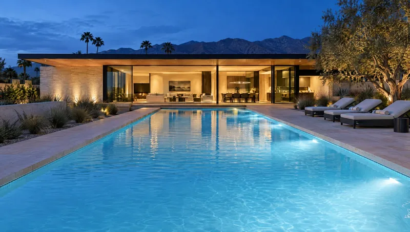 Illustrative Tideline concept image: an illuminated pool beside a contemporary home at dusk, with mountains in the distance.